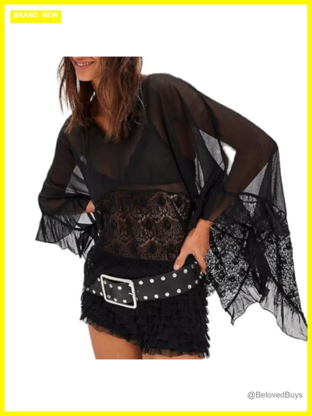 Women's Lace Poncho Top Sheer Chiffon Batwing Sleeve V-Neck Blouse